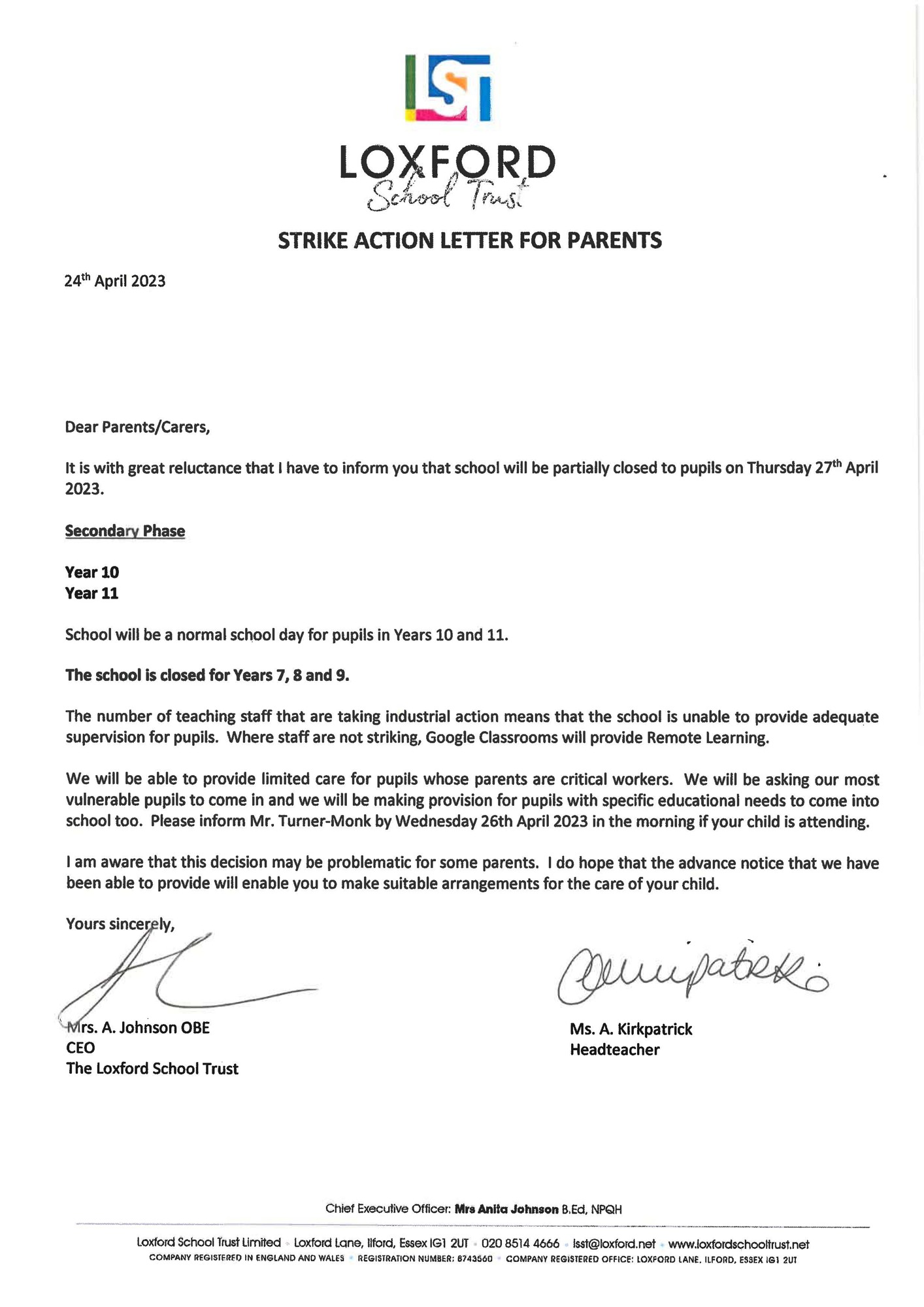 Strike Action Letter for Parents 27 April 23   Gaynes